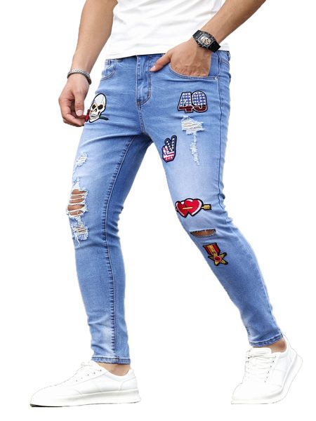 

men heart & skull patched detail ripped skinny jeans w2nv#, Blue