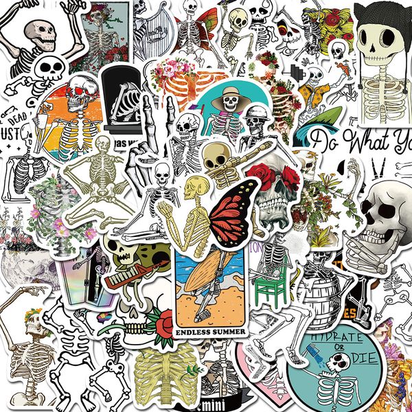 

50pcs funny cartoon skeleton stickers white skull sticker bone graffiti kids toy skateboard car motorcycle bicycle sticker decals wholesale