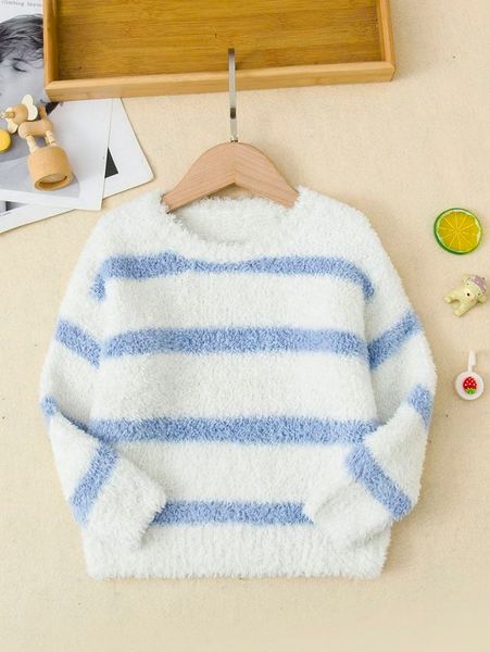 

toddler boys striped pattern drop shoulder fluffy knit sweater she, Blue