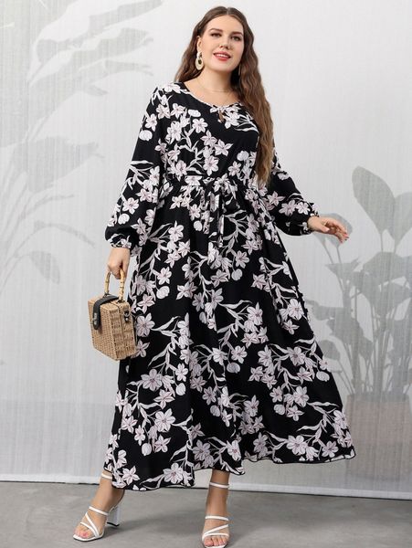 

plus floral print lantern sleeve keyhole neck belted dress q8sg#, Black