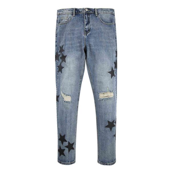

gaojiechao embroidered pu leather five pointed star jeans, Blue