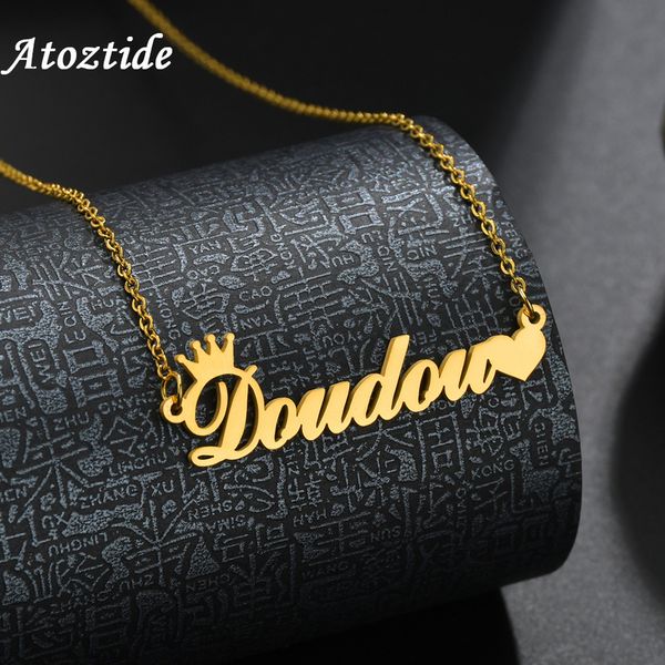 

atoztide customized fashion stainless steel name necklace personalized letter gold crown heart pendant nameplate gift 220722, Silver