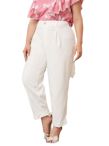 

plus 1pc fold pleated detail roll up hem pants 83dl#, Black