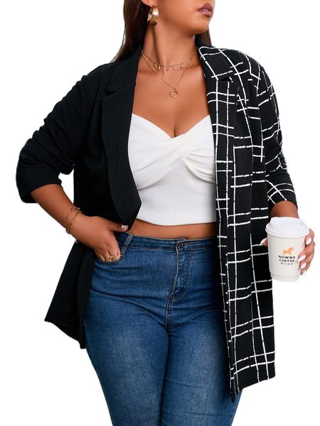 

plus plaid single button blazer h3p1#, Black