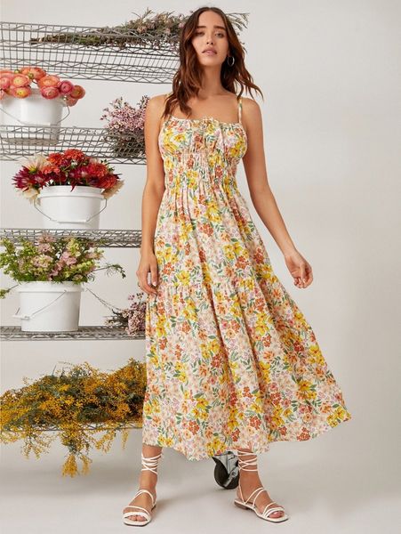 

allover floral print knot front ruched bust cami dress s0lx#, Black;gray