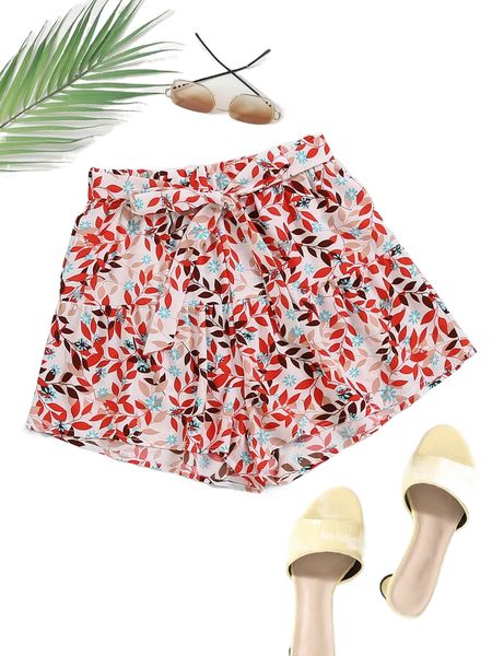 

plant print tie front shorts y52p#, White;black