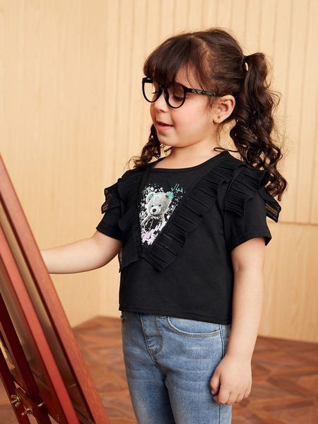 

toddler girls bear print mesh ruffle trim she, Blue