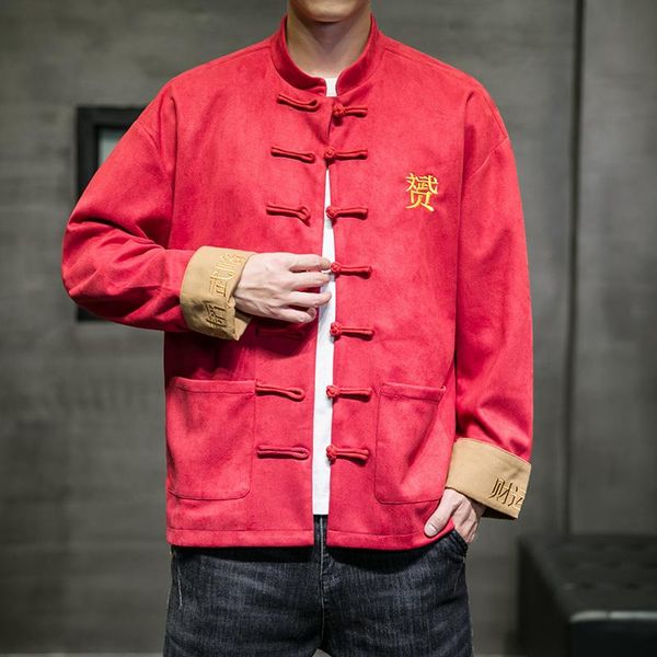 Herrenjacken, Wildleder, Kontrastfarbe, Tang-Kleid, Herren-Jacke im chinesischen Stil, bestickt, Stehkragen, Mantel, lässige Hanfu-Straßenmode-Jacke