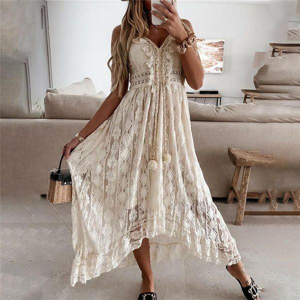 Повседневные платья без бретелек Лето Boho Maxi Dress Женщины V-образным вырезом с кисточками Белое кружево Сексуальные богемные нерегулярные длинные пляжные VestidosCasual