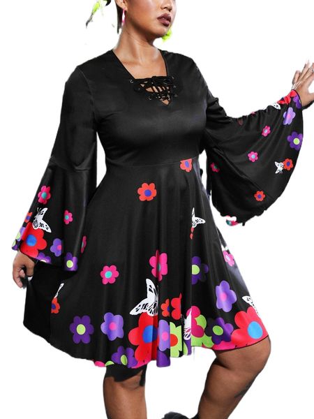

plus floral print lace up dress i6ct#, Black