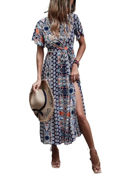 

allover print butterfly sleeve split side belted dress k3aw#, Black;gray