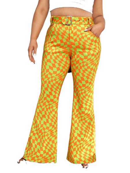 

x simone rogers plus geo print belted flare leg pants j43i#, Black