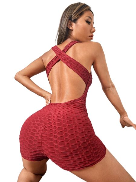 

criss cross backless honeycomb textured sports romper t5ce#, Gray