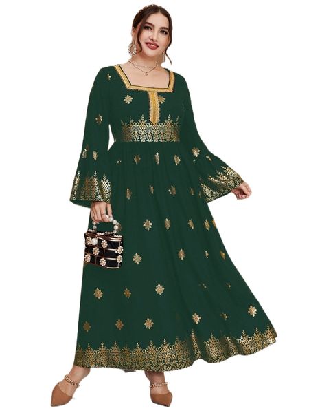 

plus random golden floral print trumpet sleeve square neck dress n3r7#, Black