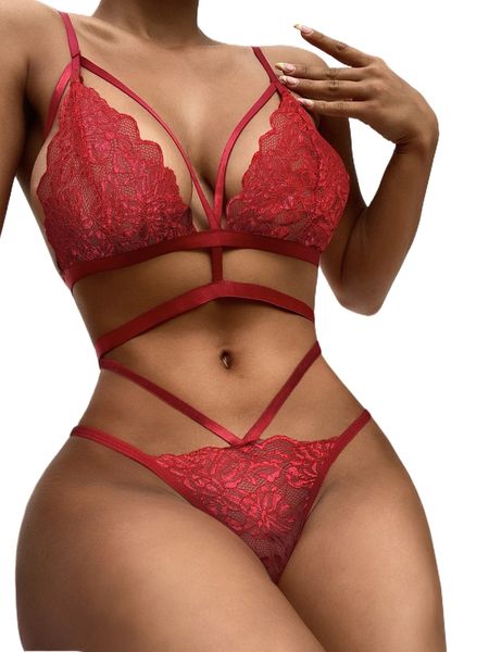 

floral lace cut-out lingerie set s3sd#, Black;red