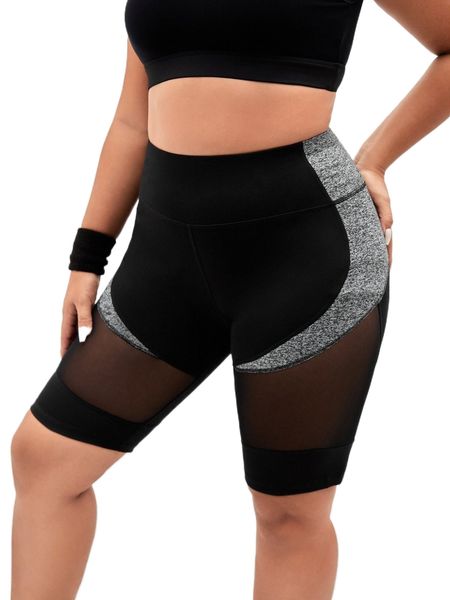 

plus colorblock mesh insert wideband waist sports biker shorts k6hn#, Black