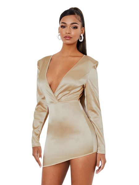 

plunging neck asymmetrical hem dress t0js#, Black;gray