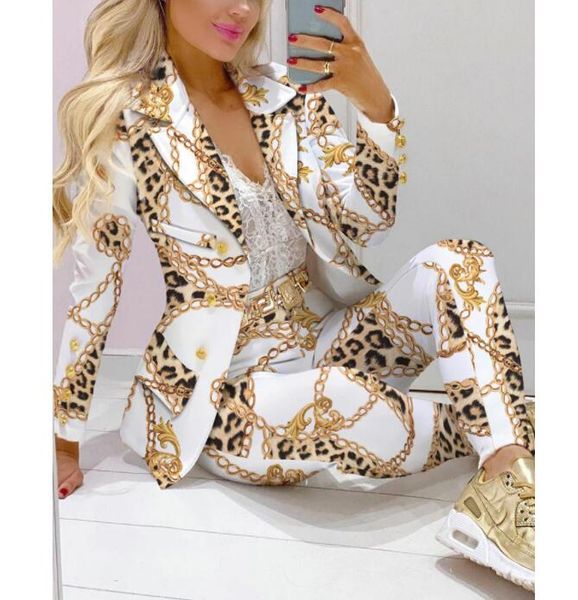 

2022 femme formal jacket & trousers office lady outfits autumn women two pieces set chain print blazer coat & pants suit sets, White
