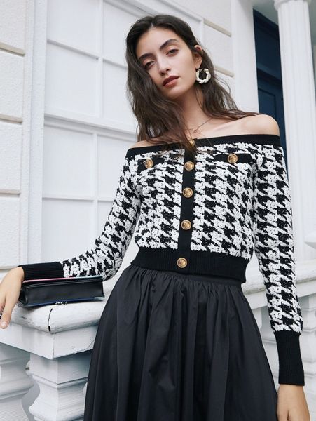 

off shoulder houndstooth pattern sweater s2to#, White;black