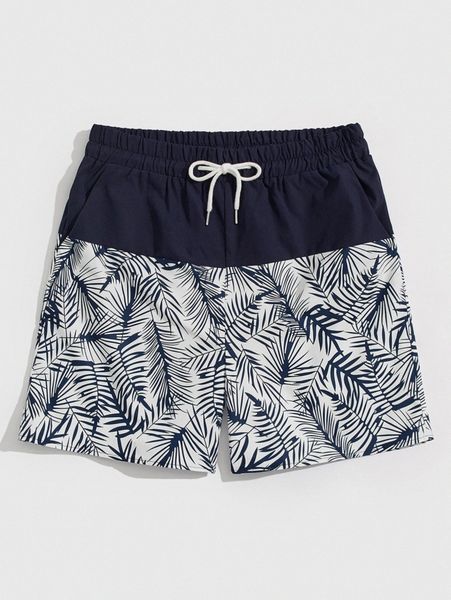 

romwe guys leaf print drawstring shorts b0i5#, White;black