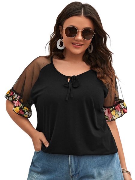 

plus floral print contrast mesh sleeve tie neck tee e7hb#, Black