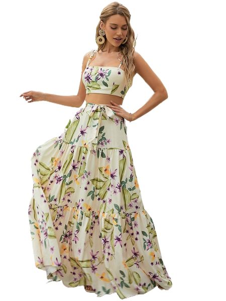 

missord floral print tie shoulder cami & ruffle hem belted skirt z815#, White