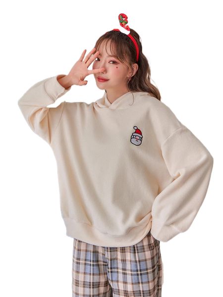 

dazy christmas santa claus embroidery drop shoulder fleece hoodie 22op#, Black