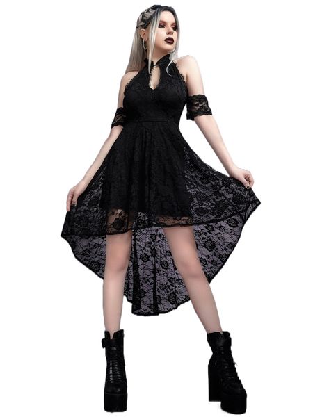 

tie back off shoulder high low hem lace dress i1c3#, Black;gray