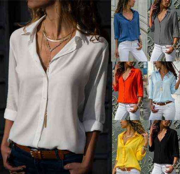 

women's long sleeve women's lapel button shirt top, White