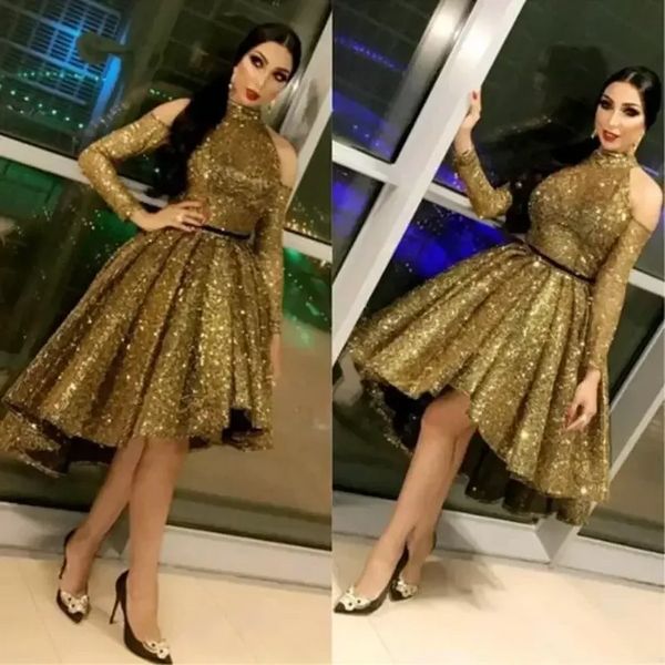 Yeni !! Sparkly Altın Sequins Abiye Uzun Kollu Kapalı Omuz Siyah Şerit Custom Made Yüksek Düşük Balo Parti Abiye Örgün Durum Giyim