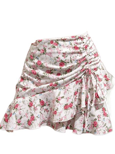 

floral print ruched knot ruffle trim skirt r7ze#, Black