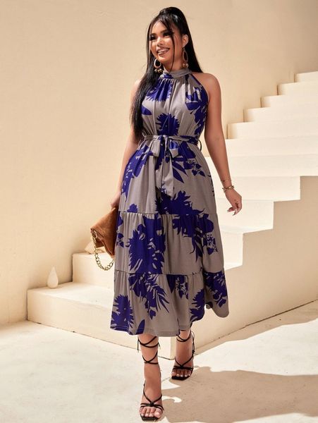 

floral print ruffle hem belted halter dress r2mt#, Black;gray