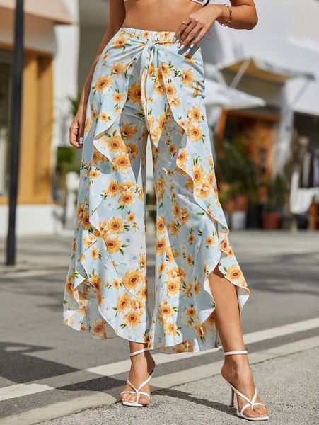 

allover floral print tie front ruffle trim wide leg pants 15ic#, Black;white