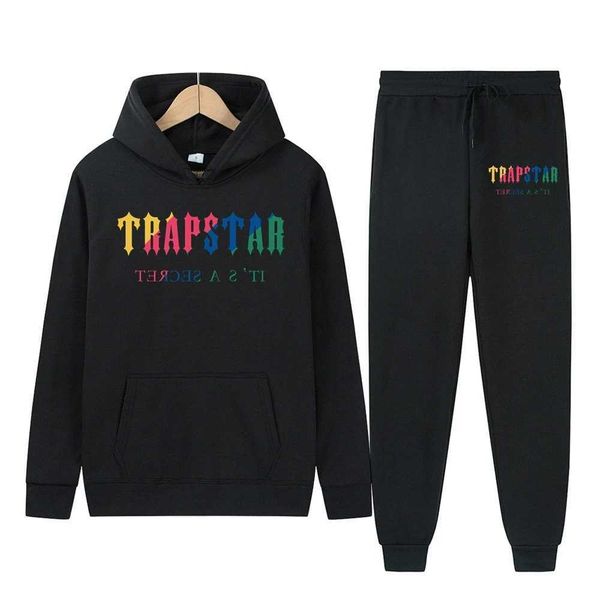 

trapstar men's sweatpants sports suit hoodie rainbow velvet fashion polar sweatshirt with embroidery autumn and winter series, Black