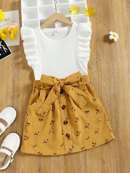 

little girl's ruffled vest with flower pattern belt skirt she, White