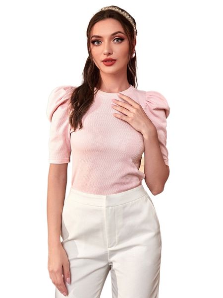 

puff sleeve textured tee q5eg#, White