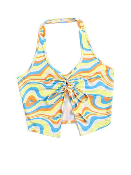 

split knot front allover print halter q7br#, White