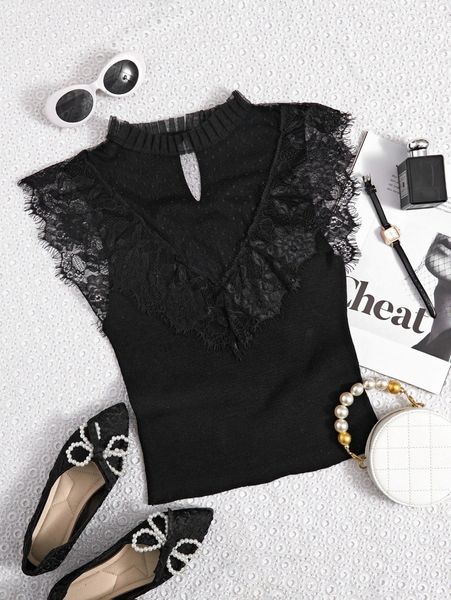 

contrast lace keyhole neck knit f4c9#, White;black