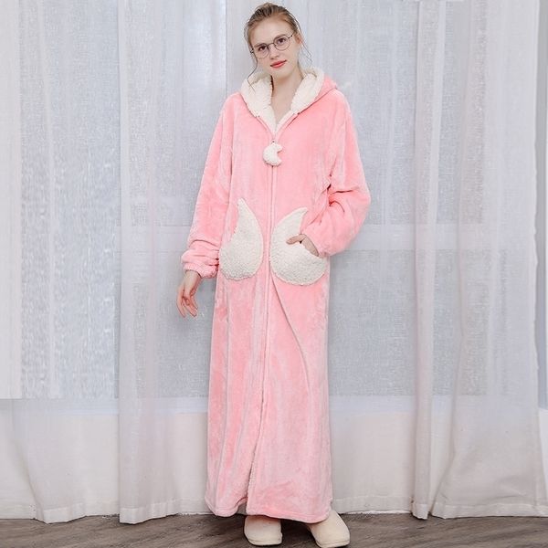

winter thick long zipper pajamas robe women fashion star moon warm hooded bathrobe loose bridesmaid robe dressing gown y200425, Black;red
