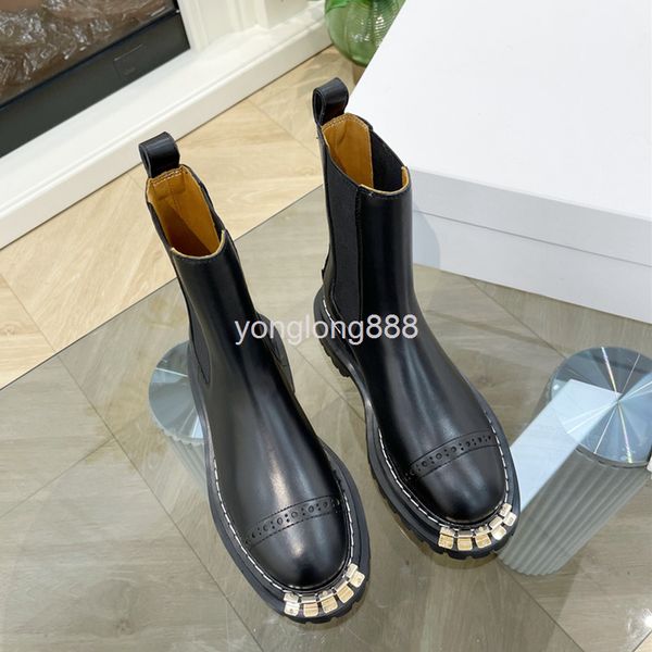 

boots big gold teeth chelsea short boots women's 21 cow leather thick bottom metal decoration british wind chimney martin, Black
