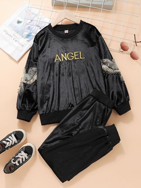 

girls eagle and letter embroidery velvet sweatshirt & pants she, White