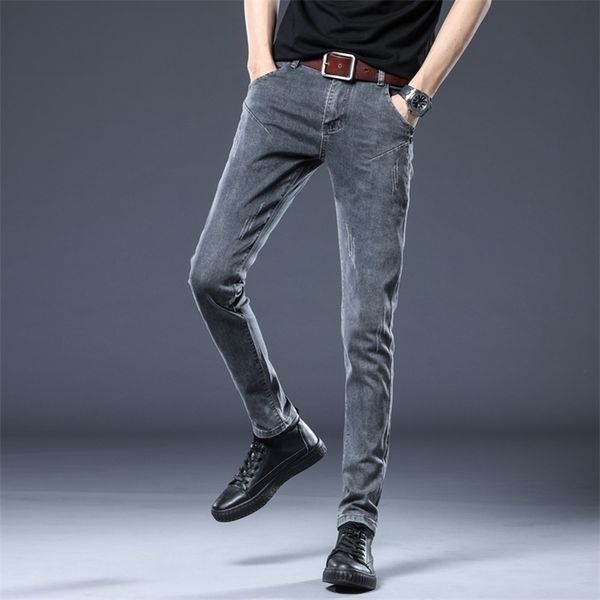 

browon vintage style men pants jeans slim fit mid waist button design plus size classic skinny jeans men pencil pant 201111, Blue