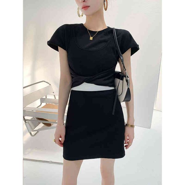 

casual dresses 2022 women's summer slim fake two-piece waist closing dress memory stay solid color high suit gpla, Black;gray