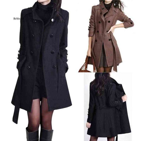

woolen coat long sleeve winter women pockets slim fit parkas europe style female ladies autumn woolen coats t220714, Black
