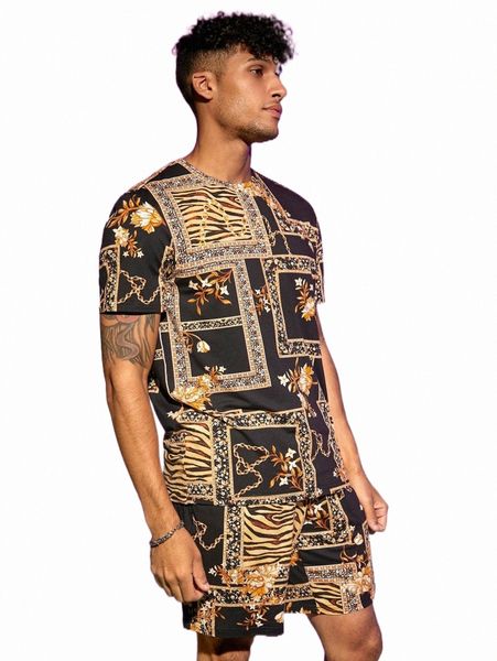 

men zebra striped & floral print tee & shorts o2i6#, Gray