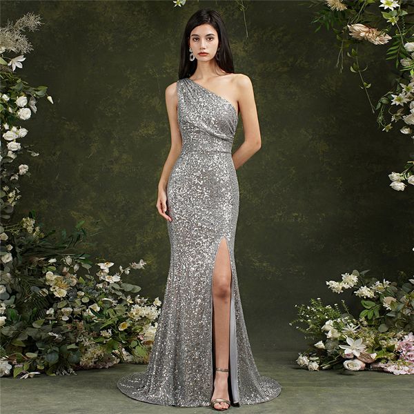

gliter sequined bridesmaid dresses one shoulder sleeveless split long maid of honor gowns wedding guest party evening dress bm3111, White;pink