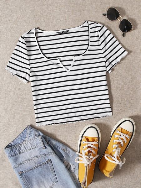 

striped notched neck lettuce trim rib-knit tee v65j#, White