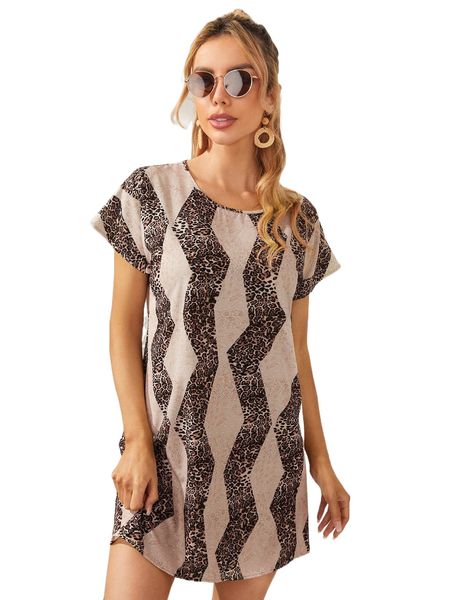 

chevron striped and leopard dress d1iv#, Black;gray