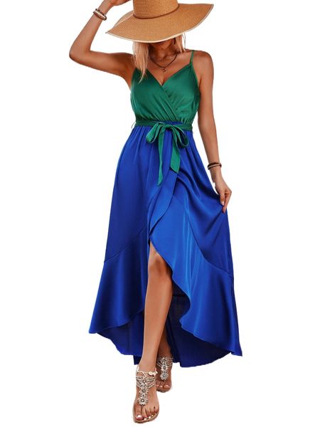 

two tone ruffle trim wrap hem belted cami dress t7de#, Black;gray