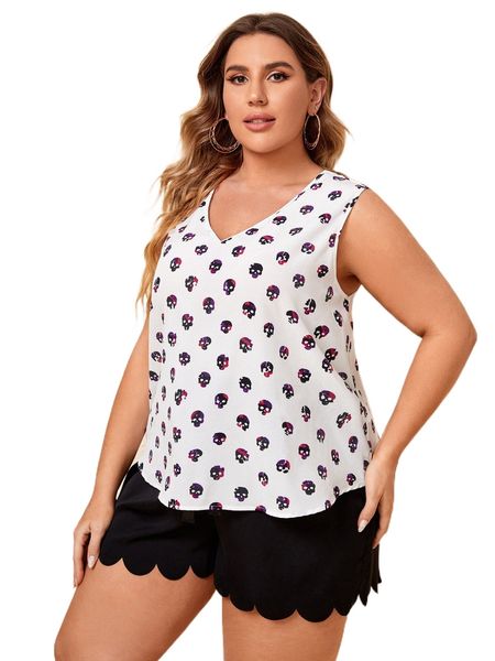 

plus skull print v neck tank u6kd#, Black